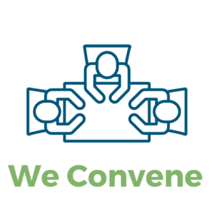 a graphic of three people sitting around a table with text underneath that reads "we convene"