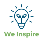 blue graphic of a light bulb with a plant on the inside with text underneath that reads "we inspire"