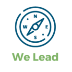 a graphic of a blue compass with the text underneath that reads "we lead "